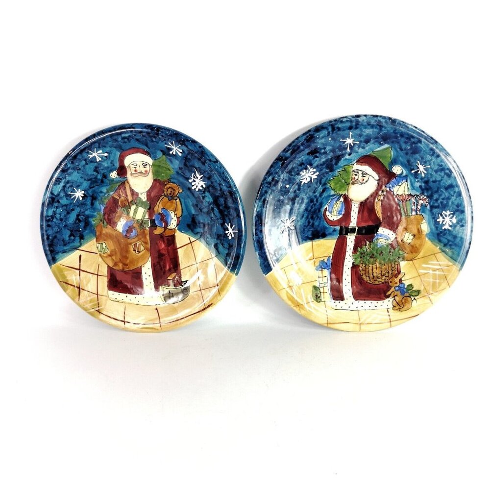 VTG Susan Winget CIC Folk Art Christmas Tea plates Set of 2 Hand Painted Santa
